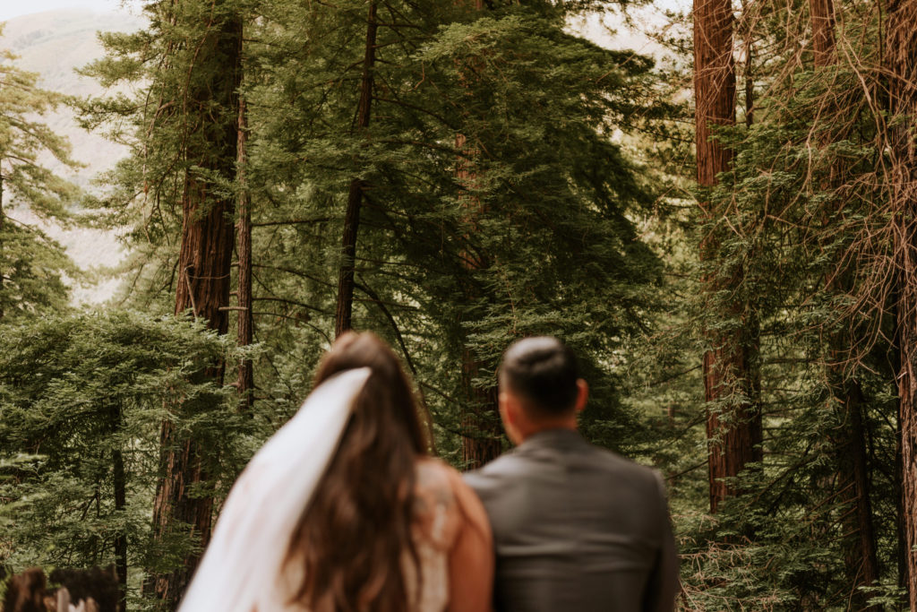 A bride and groom sitting on a trail during their elopement at Big Sur.