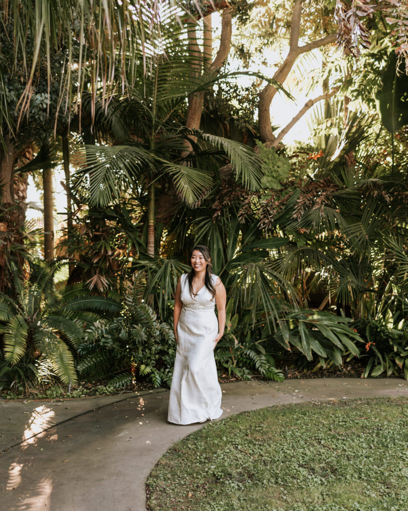 A bride at her elopement at the Bahia Resort Hotel in San Diego California.