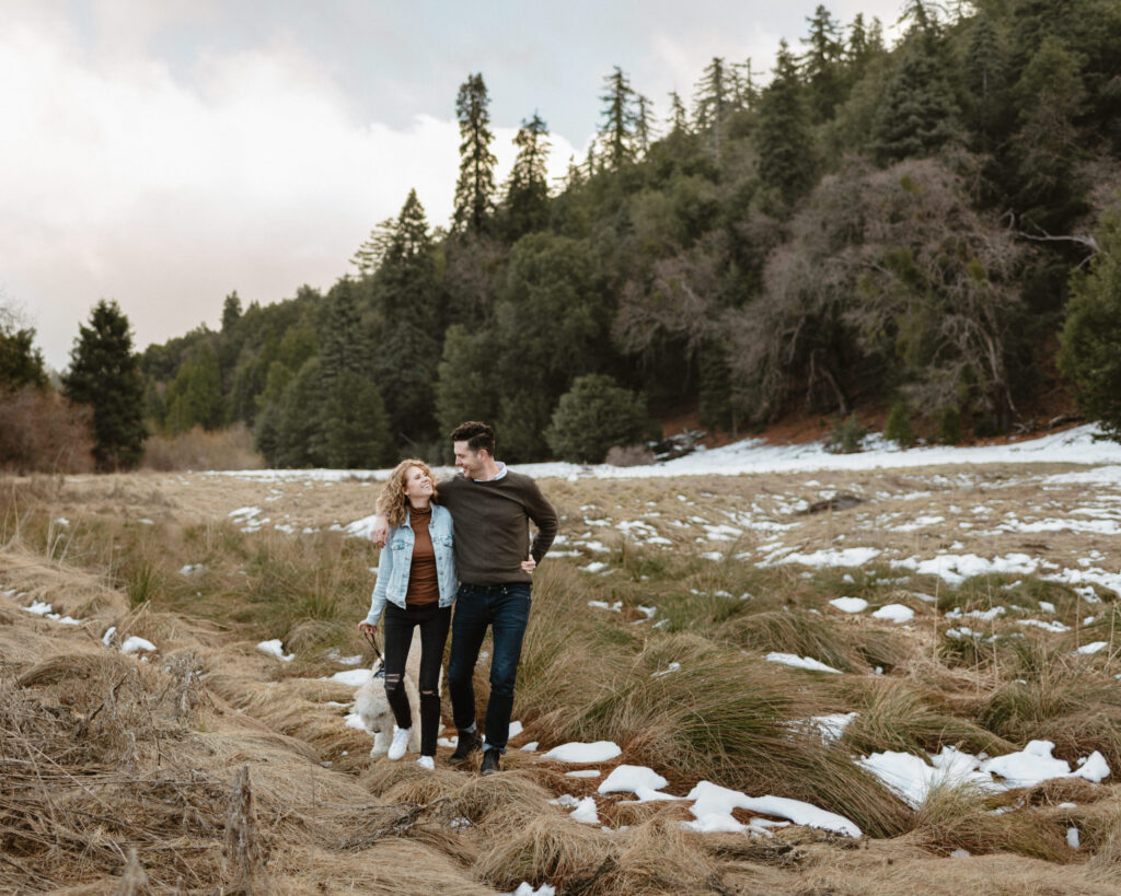Two people having fun during their Palomar Mountain engagement session.
